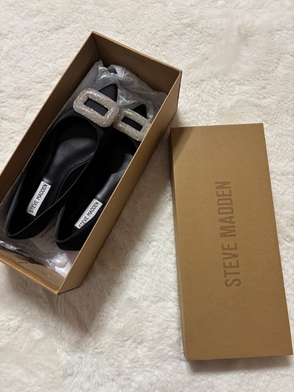 Steve Madden Black Pointed Flats with Crystal Buckle